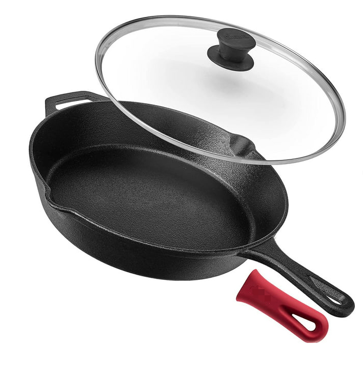 Sartén de hierro fundido de 12 pulgadas con tapa de vidrio y cubierta con asa, utensilios de cocina aptos para horno, sartén Wok