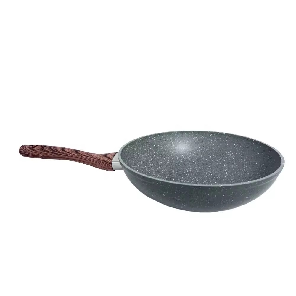 Sartén Wok antiadherente de mármol con tapa de vidrio, cocina de inducción con mango de madera suave al tacto, sartén Wok antiadherente de aluminio forjado