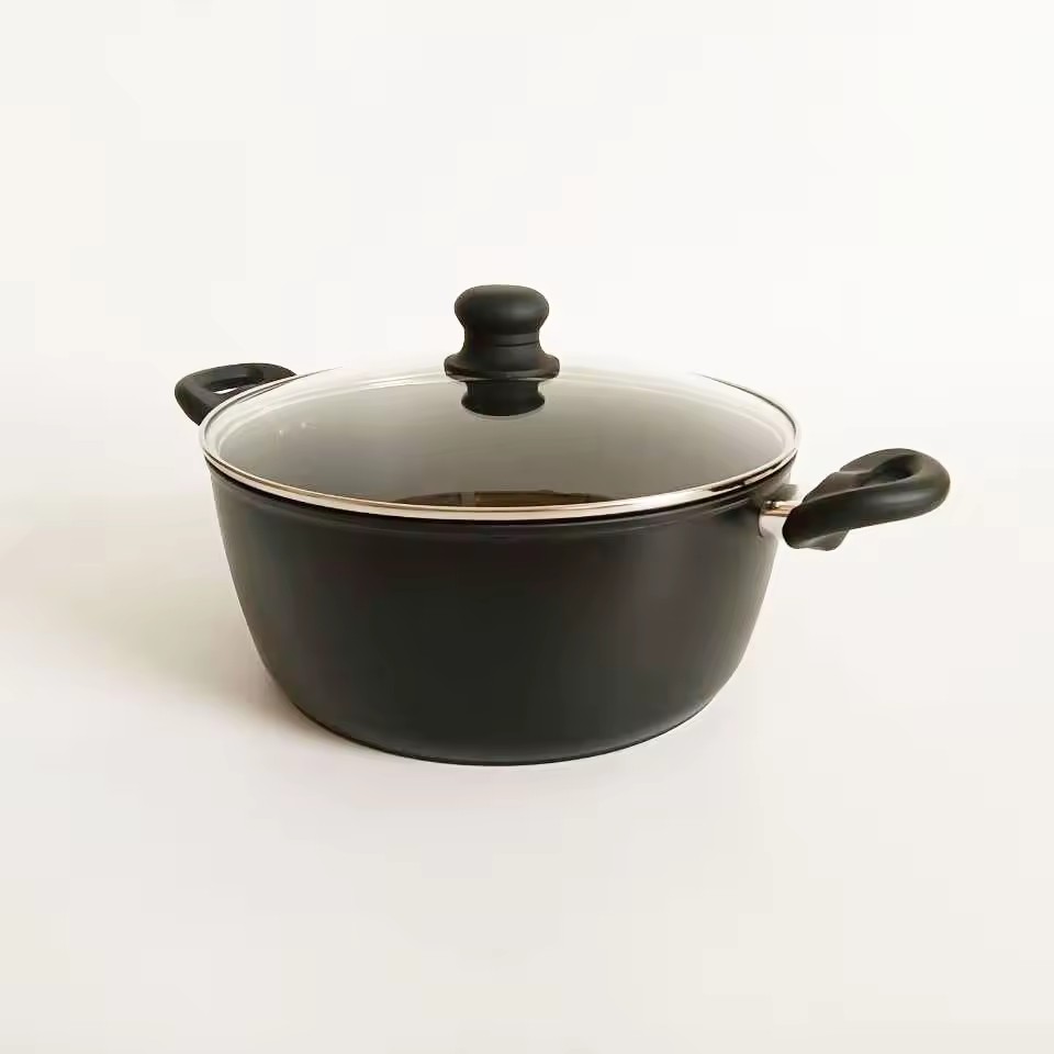 El Cookware antiadherente de aluminio de los potes y de las cacerolas de la cocina fija el pote negro de la sopa con la tapa de cristal