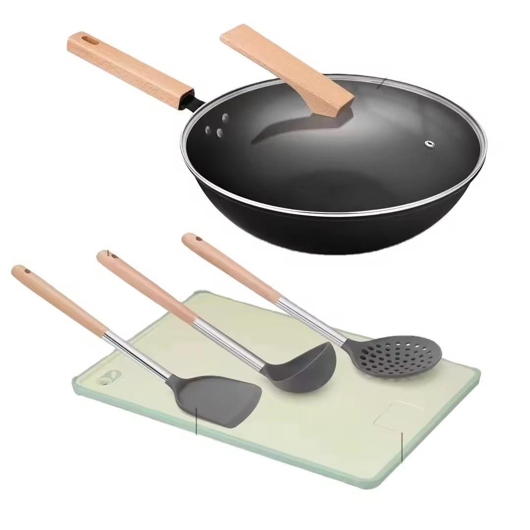 Utensilios de cocina Juego de ollas con plato de pala de cinco piezas Mango de madera Juego de ollas de regalo antiadherentes de silicona Punto