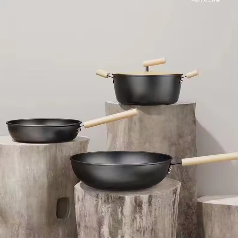 Juego de wok de tres piezas con tablero de trigo multifuncional, olla de piedra para el hogar, sartén antiadherente para regalo de actividades