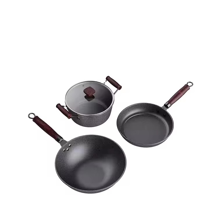 Juego de wok de tres piezas con tablero de trigo multifuncional, olla de piedra para el hogar, sartén antiadherente para regalo de actividades