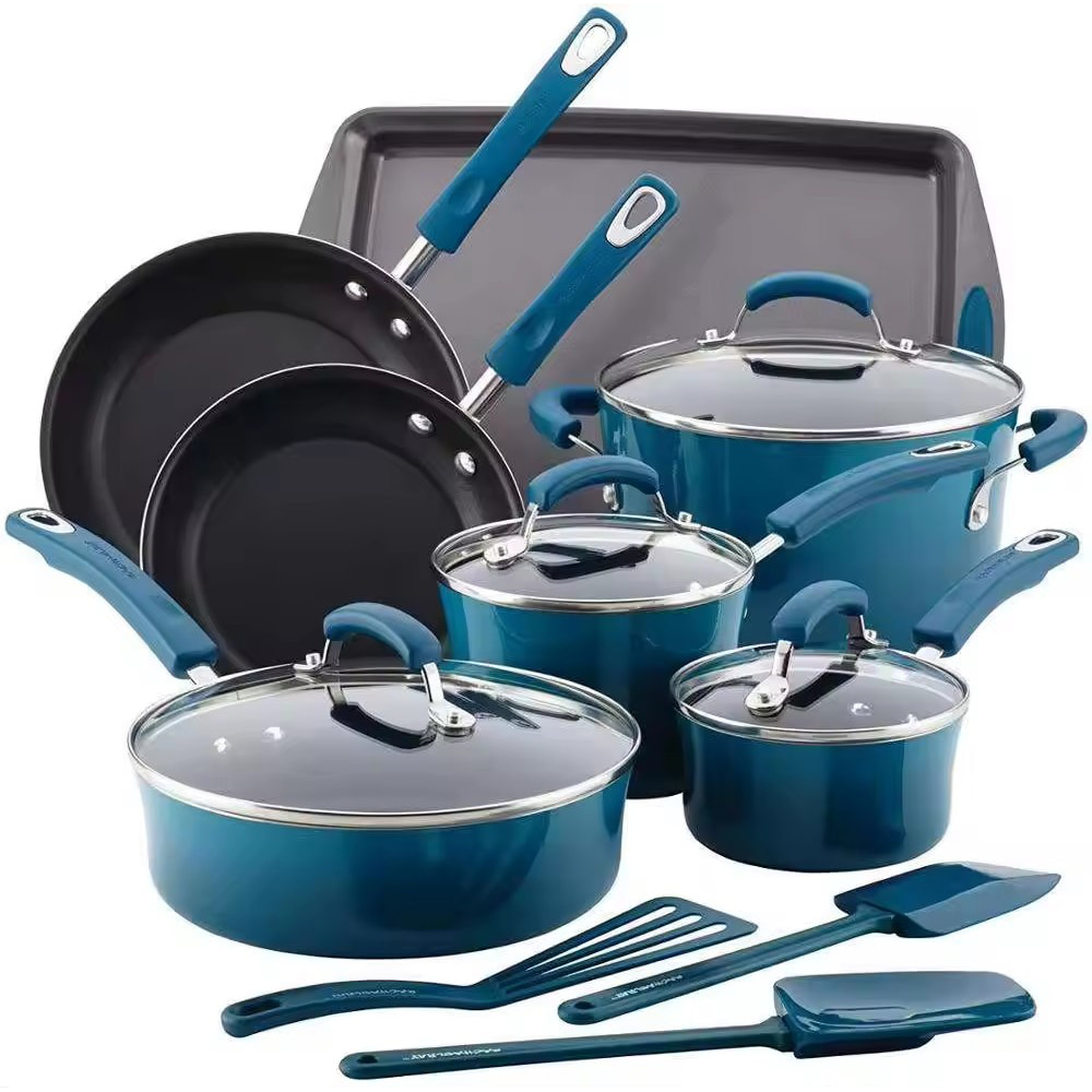 El cookware azul antiadherente de la cocina del nuevo diseño del logotipo personalizado fija el aluminio del granito