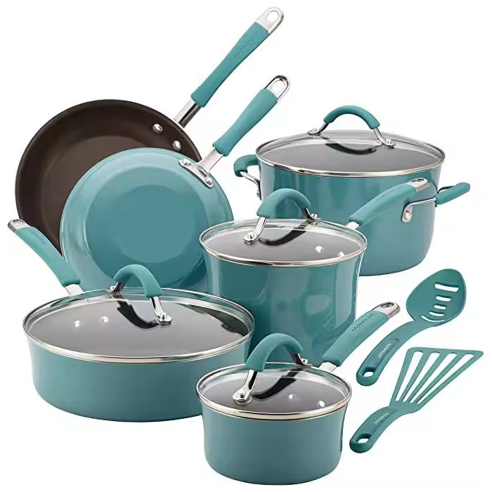 El cookware azul antiadherente de la cocina del nuevo diseño del logotipo personalizado fija el aluminio del granito